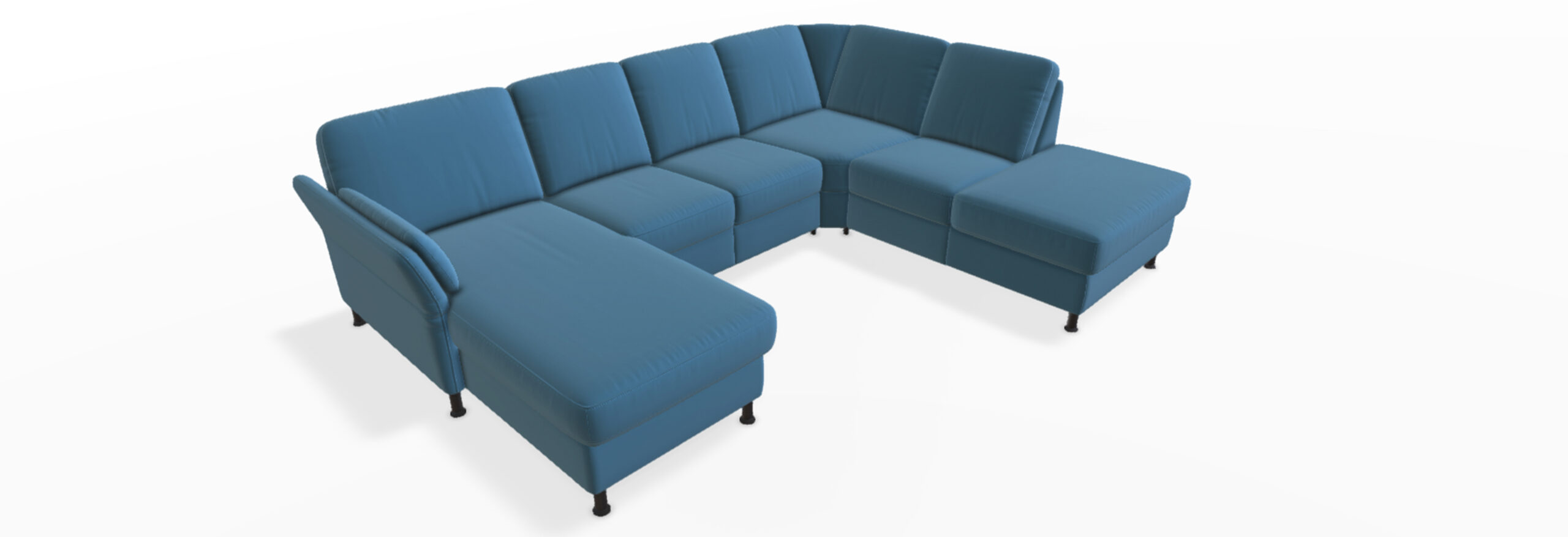 Blaues, modernes Ecksofa mit Chaiselongue.