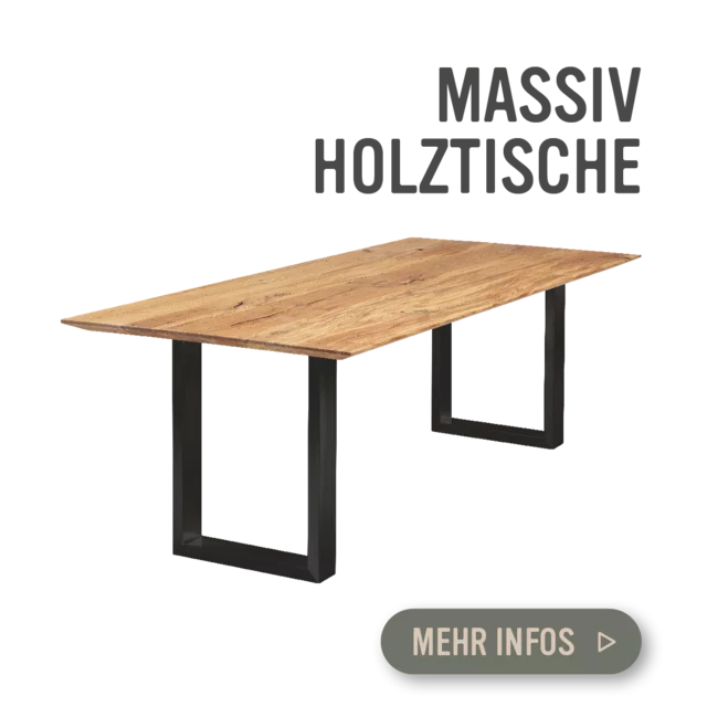 Massiver Holztisch mit schwarzen Beinen.