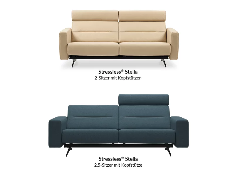 Zwei bequeme Sofas mit Kopfstützen.