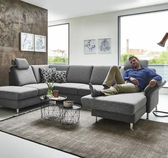 Modernes Wohnzimmer mit grauem Sofa und Dekor.