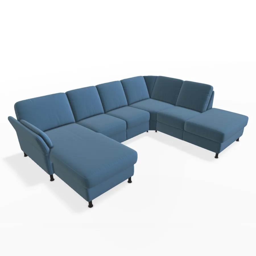 Ecksofa in dunkler Farbe.