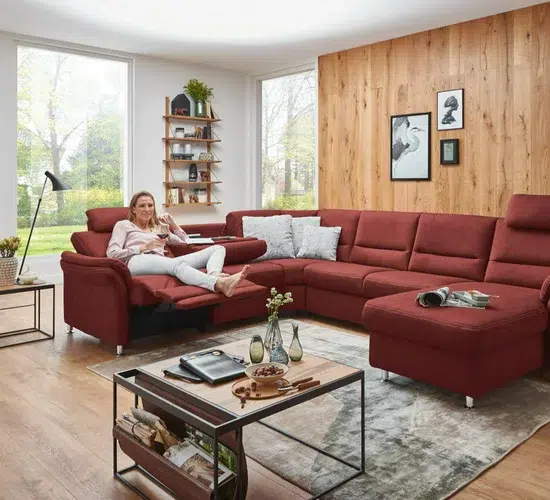 Gemütliches Wohnzimmer mit rotem Sofa und Holzwand.