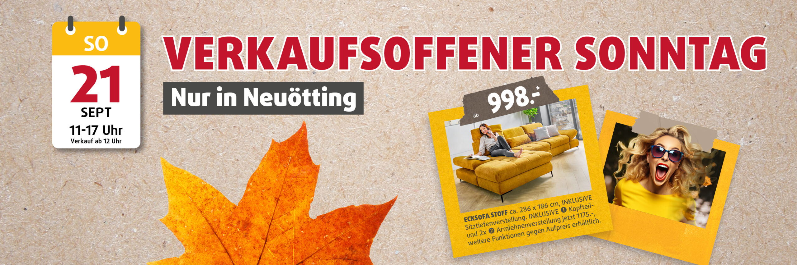 Verkaufsoffener Sonntag bei Polstermöbel Fischer in Neuötting am 21. September von 11 bis 17 Uhr – gelbes Ecksofa aus Stoff für 998 € im Angebot