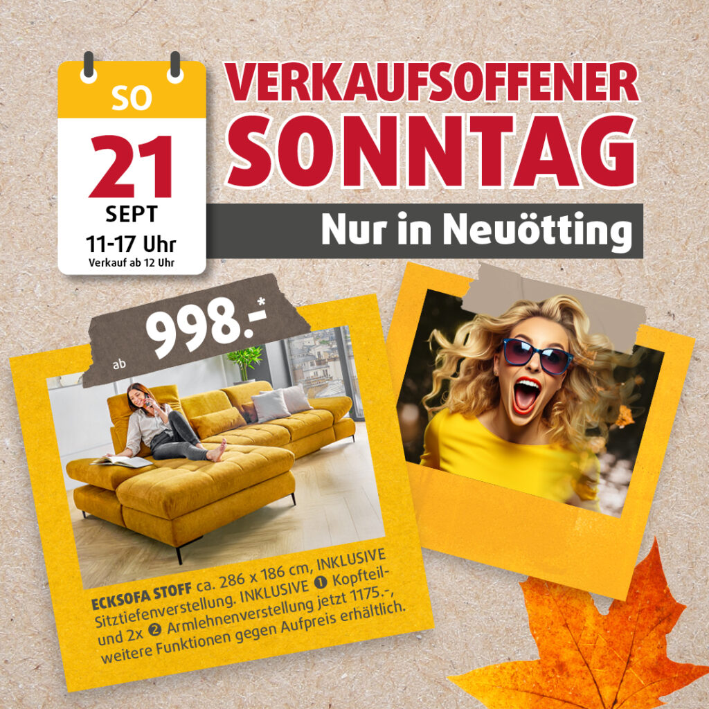 Aktion zum verkaufsoffenen Sonntag bei Polstermöbel Fischer in Neuötting am 21. September – gelbes Stoff-Ecksofa mit Sitztiefenverstellung ab 998 €