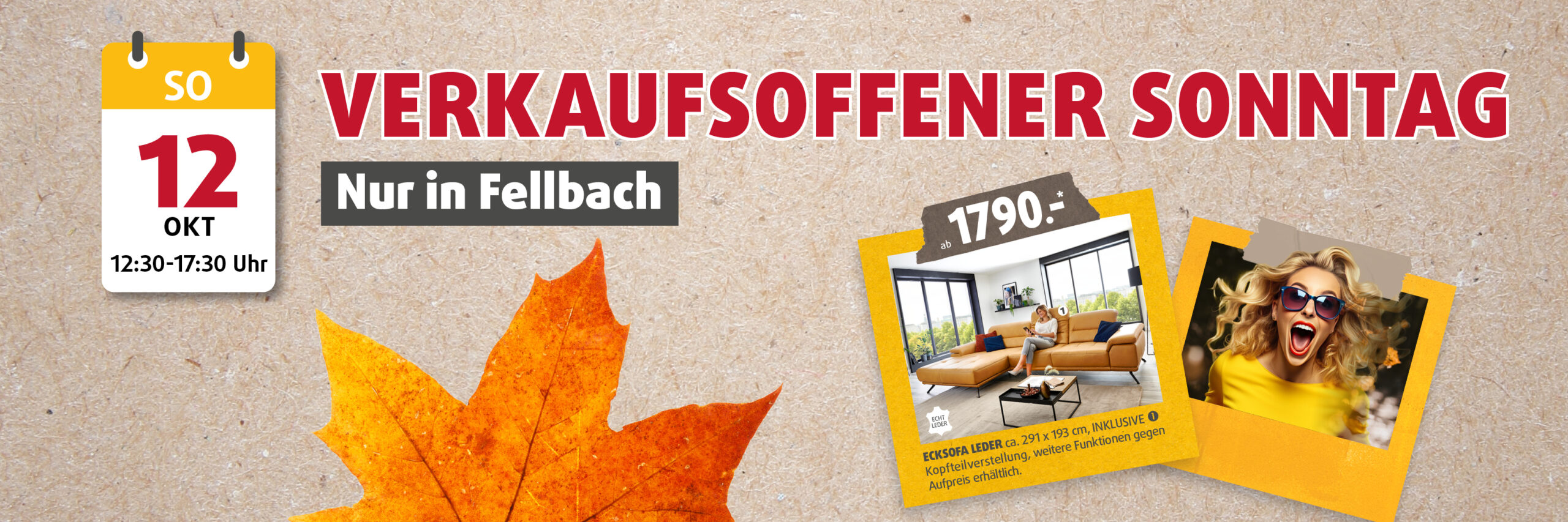 Headergrafik für den verkaufsoffenen Sonntag bei Polstermöbel Fischer Fellbach am 12. Oktober – herbstliche Stimmung