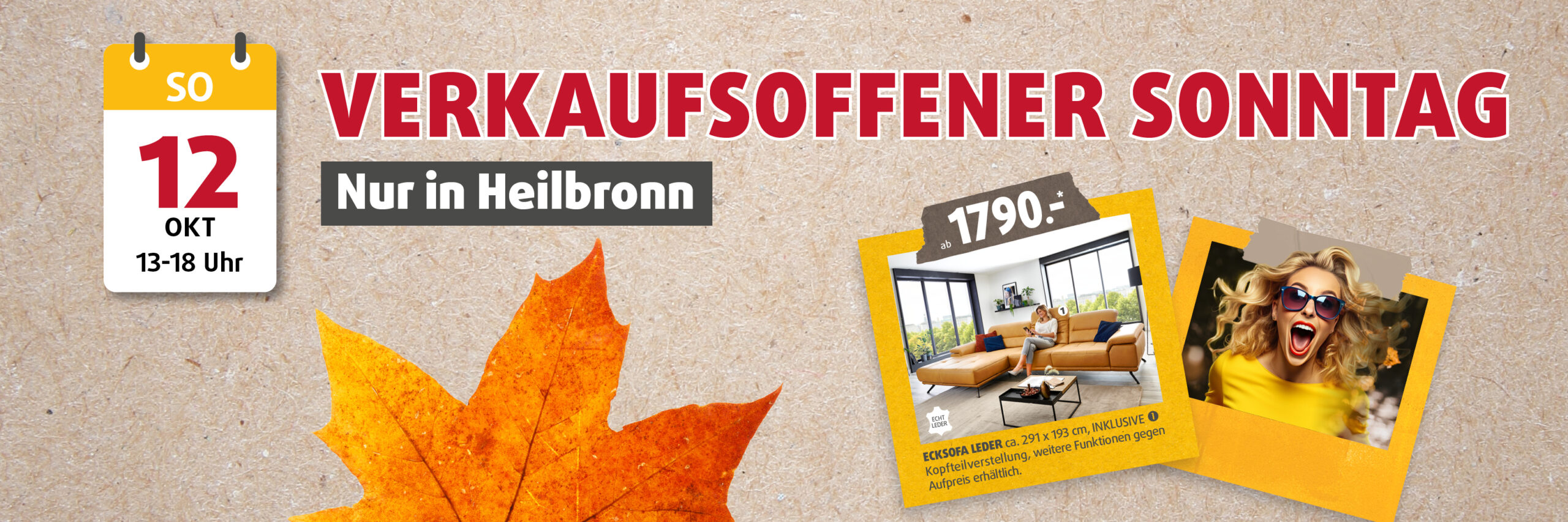 Headergrafik für den verkaufsoffenen Sonntag bei Polstermöbel Fischer Heilbronn am 12. Oktober – 13 bis 18 Uhr geöffnet, herbstliche Stimmung