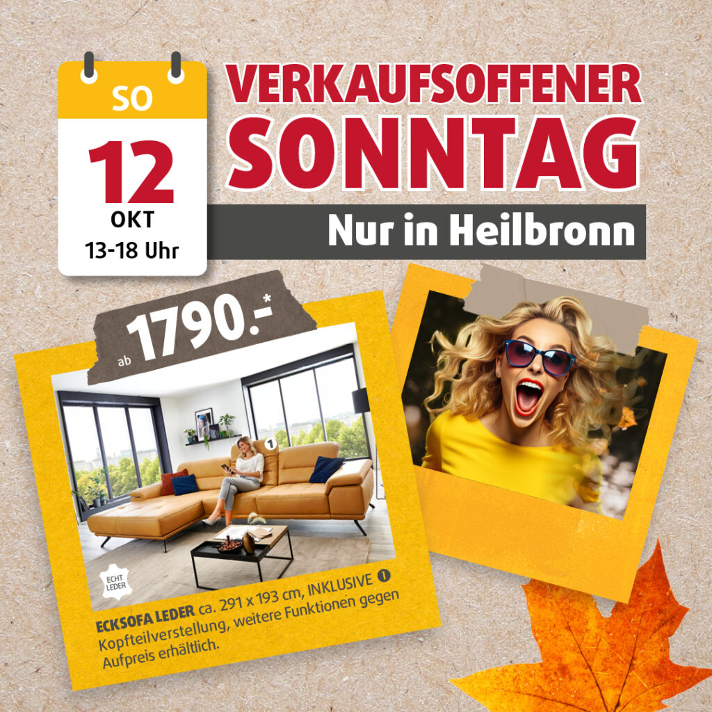 Werbegrafik zum verkaufsoffenen Sonntag am 12. Oktober in Heilbronn – Echtledersofa-Angebot ab 1.790 €, herbstliches Motiv mit lachender Frau