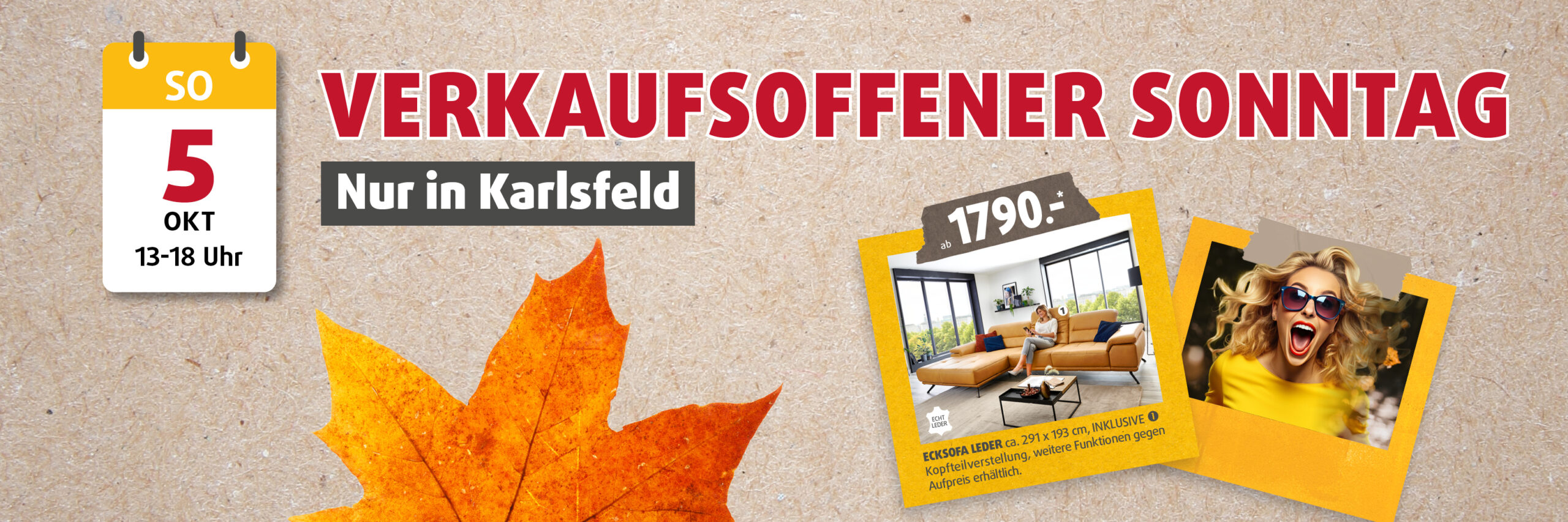 Verkaufsaktion am 5. Oktober bei Polstermöbel Fischer in Karlsfeld – verkaufsoffener Sonntag mit gelbem Ecksofa aus Echtleder, Preis ab 1.790 €, Veranstaltung von 13 bis 18 Uhr