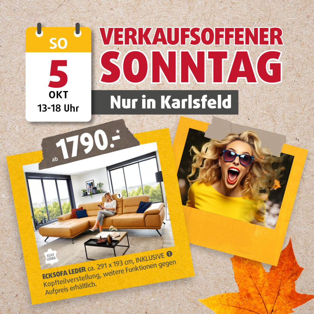 Polstermöbel Fischer – verkaufsoffener Sonntag am 5. Oktober in Karlsfeld mit Echtleder-Ecksofa ab 1.790 €, Aktionsgrafik mit Herbstmotiv und lachender Frau