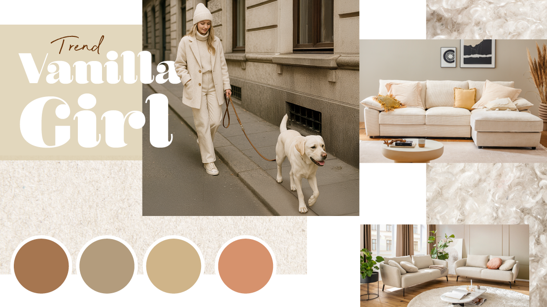 Moodboard zum Vanilla-Girl-Trend mit beigefarbener Mode, hellen Möbeln und Farbpalette in soften Naturtönen.