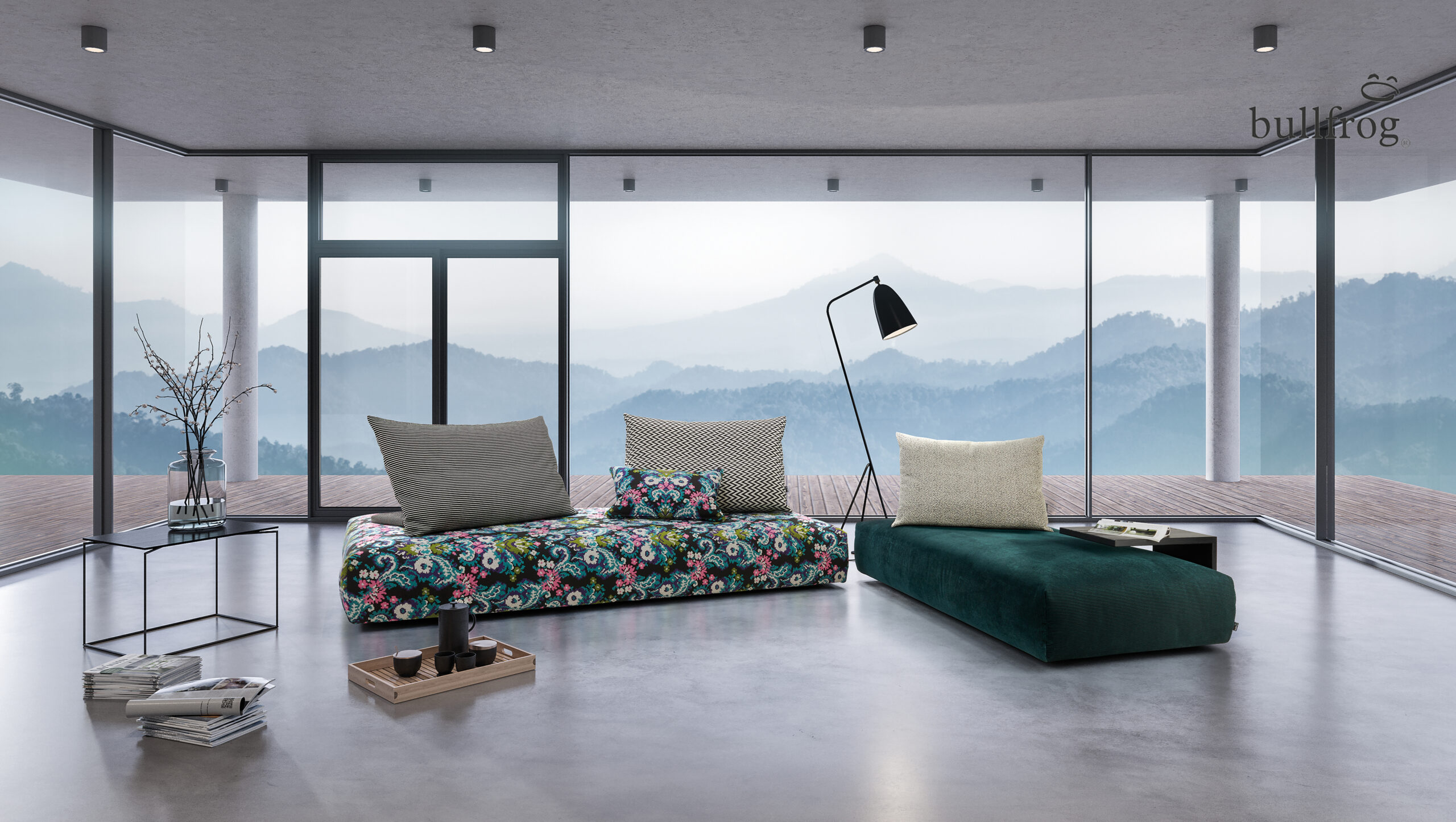 Modulares Sofa AN111 steht in einem modernen Raum - variabel aufstellbare Rückenkissen sorgen für große Flexibilität