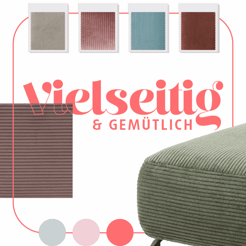 Cordsofa in Grün von Polstermöbel Fischer mit Stoffmustern in Beige, Rosé, Blau und Rost – vielseitige Farbauswahl trifft auf gemütliches Design.