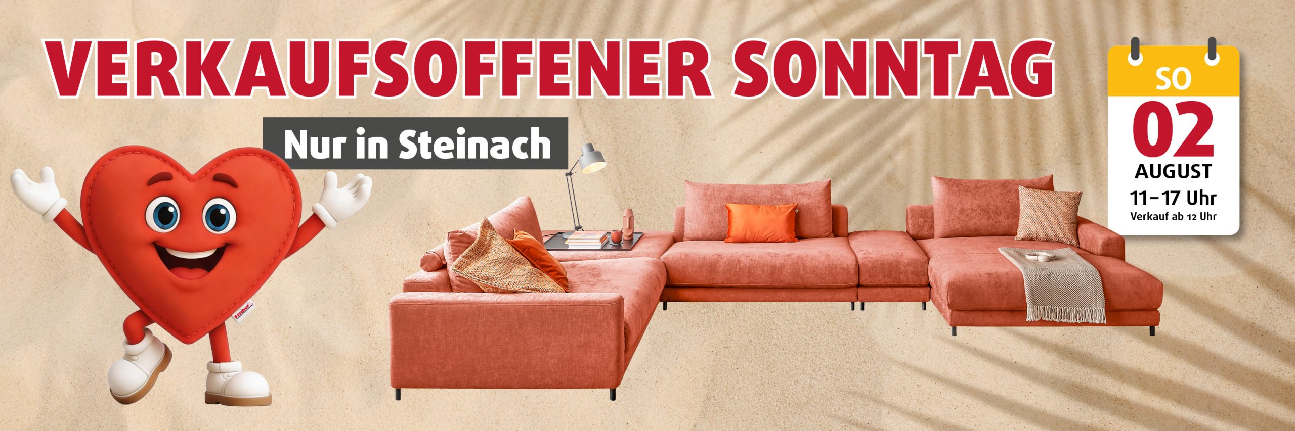 Verkaufsoffener Sonntag bei Polstermöbel Fischer Steinach am 2. August von 11 bis 17 Uhr mit großer Wohnlandschaft und Familienprogramm.