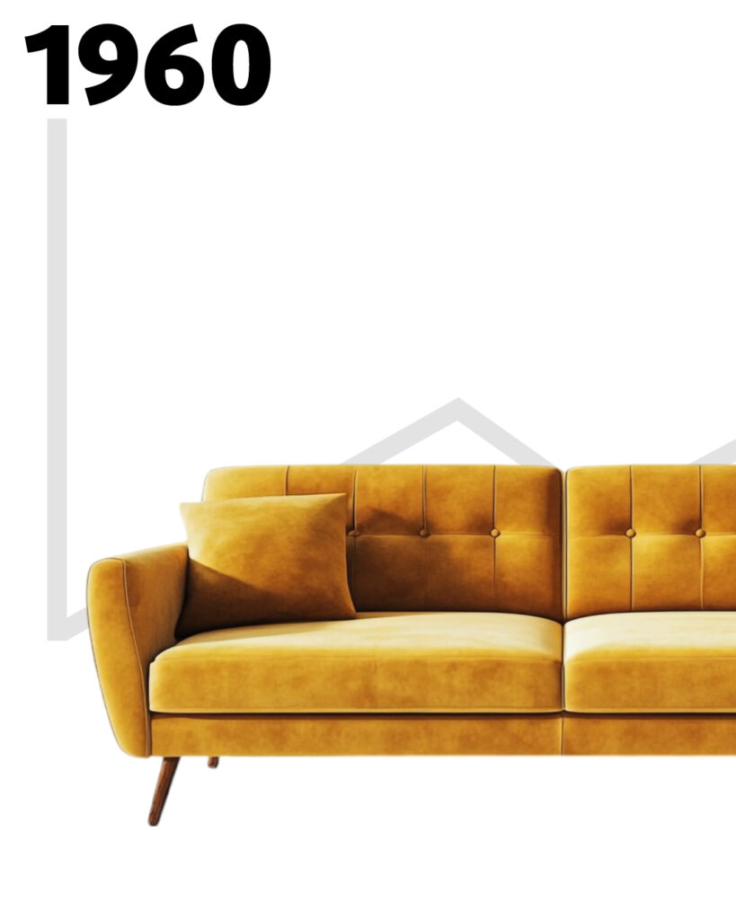 Gelbes Retro-Sofa mit Knopfheftung und Holzfüßen im Stil der 1960er Jahre, dargestellt auf weißem Hintergrund mit Jahreszahl „1960“.