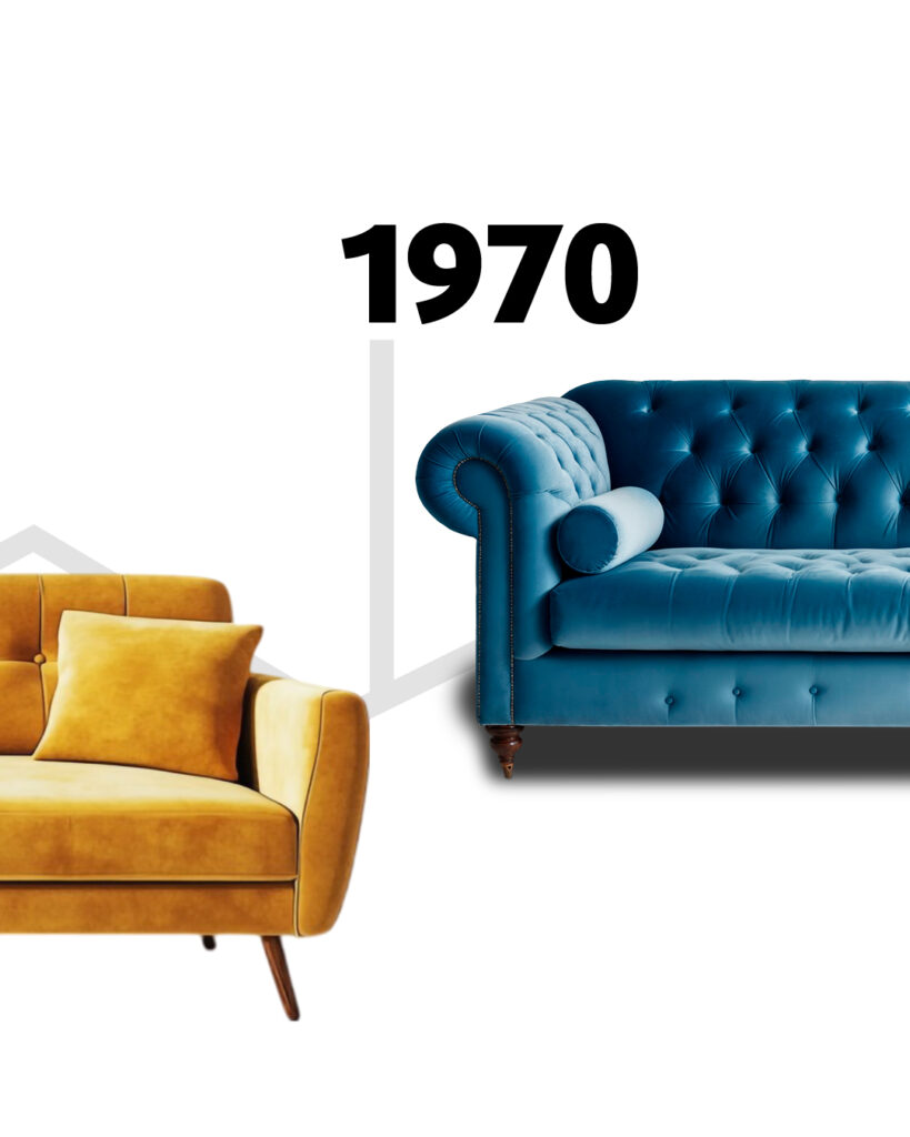 Blaues Chesterfield-Sofa mit runden Armlehnen und Polsterrollen, typischer Stil der 1970er Jahre, kombiniert mit der Jahreszahl „1970“.