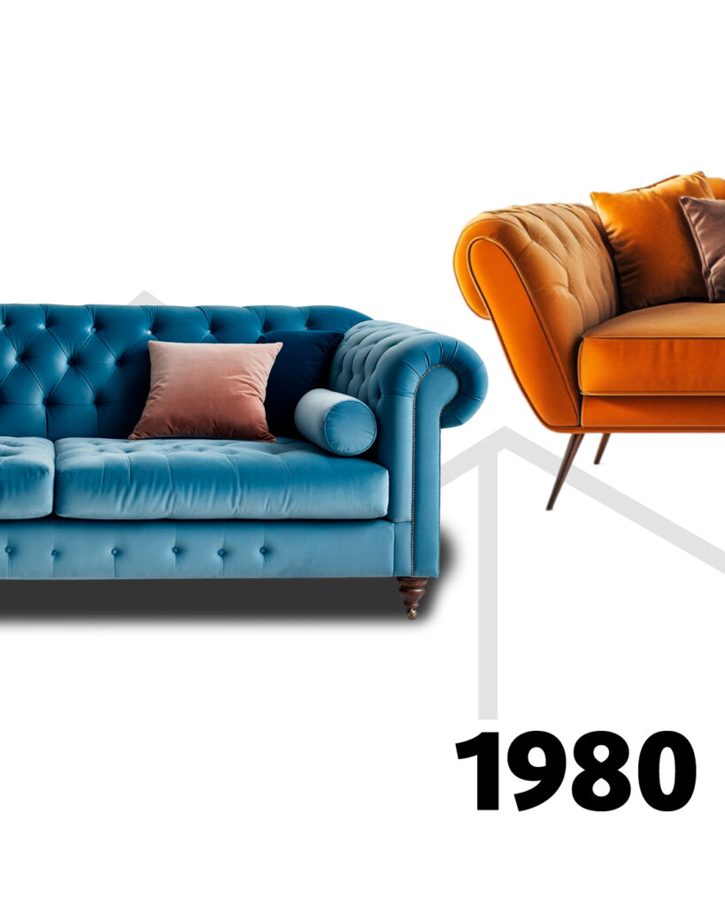 Orangefarbenes Samtsofa mit eleganter Steppung und geschwungenen Armlehnen, inspiriert vom Wohnstil der 1980er Jahre, mit Jahreszahl „1980“.