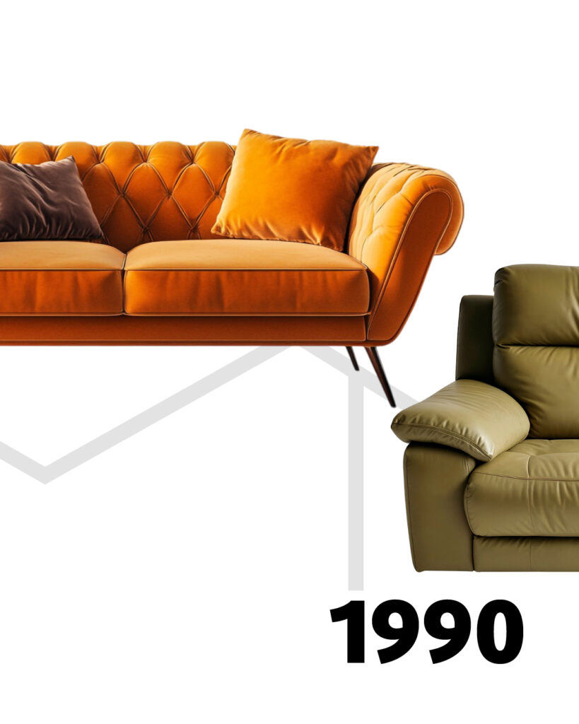 Grünes Ledersofa mit breiten Polstern und Komfortoptik, charakteristisch für die 1990er Jahre, begleitet von der Jahreszahl „1990“.