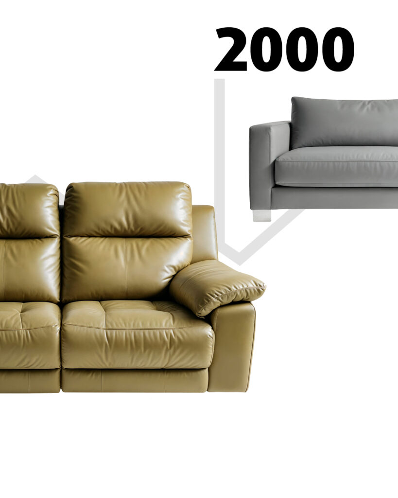 Graues Ledersofa mit klaren Linien und kantigem Design, repräsentativ für die schlichte Formensprache der 2000er Jahre, unter der Jahreszahl „2000“.