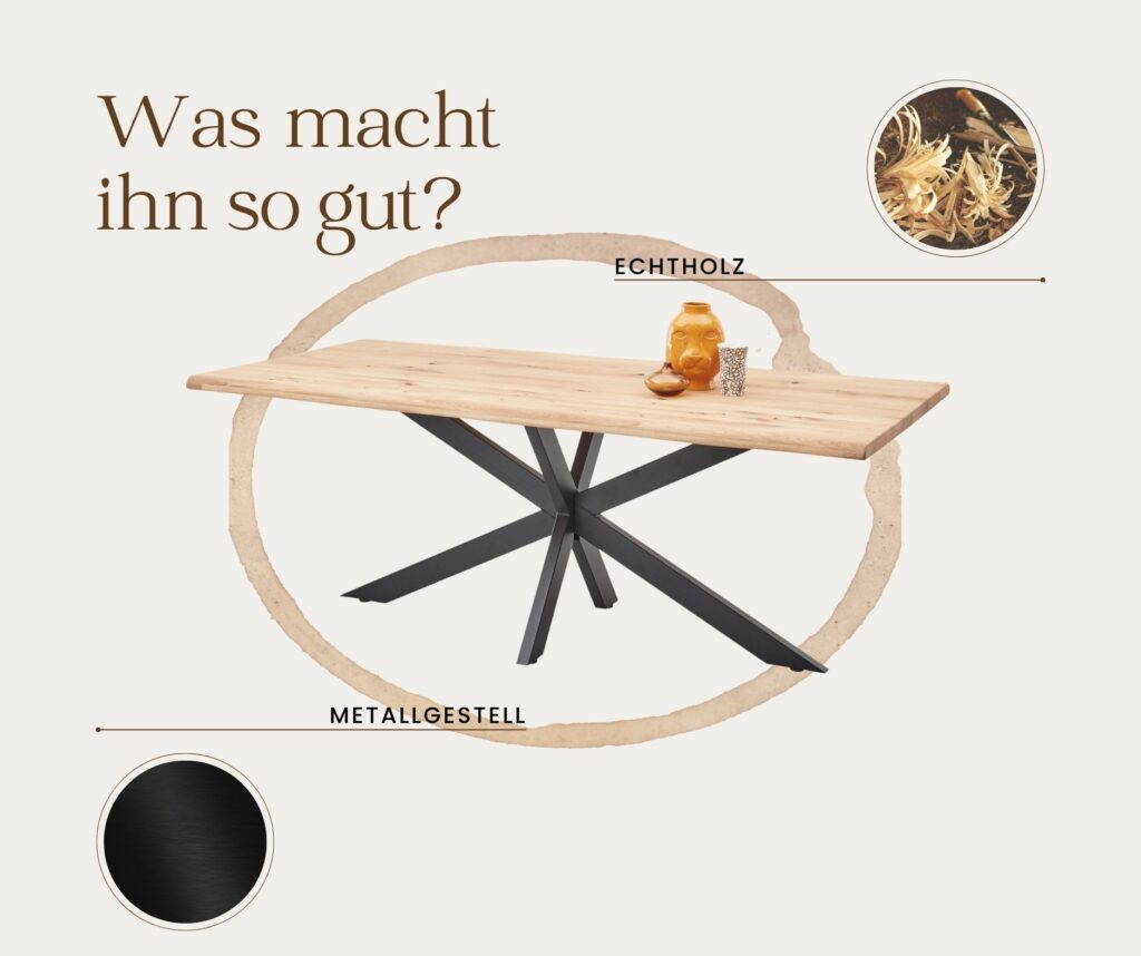 Moderner Esstisch mit Echtholzplatte und stabilem Metallgestell, ideal für Esszimmer im Industrial- oder Naturstil