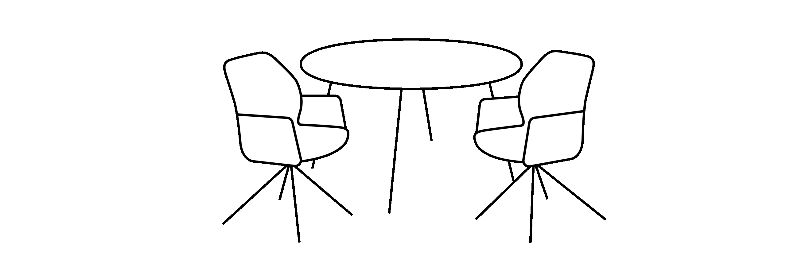 Icon mit stilisiertem, runden Esstisch und je einem Armlehnenstuhl links und rechts davon, alles aus schwarzen Linien