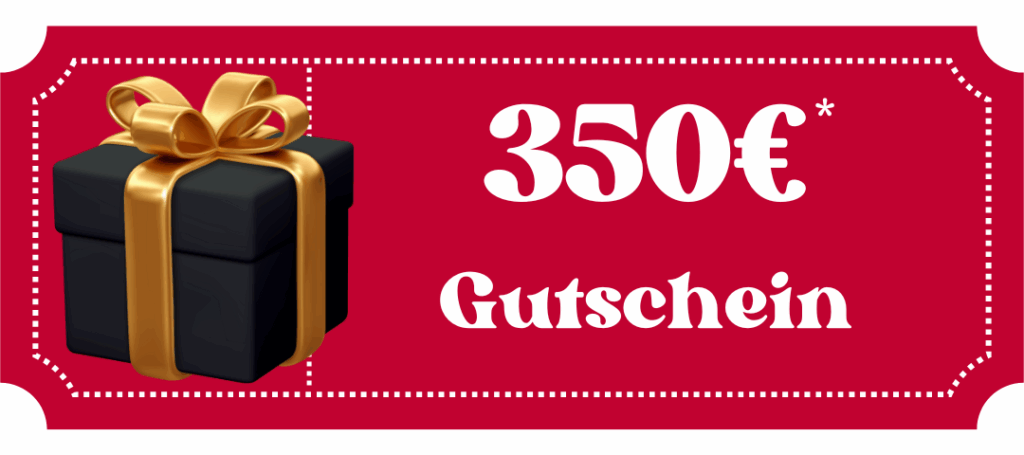 Roter Gutschein mit schwarzem Geschenkpaket und goldener Schleife, daneben weiße Aufschrift '350 € Gutschein' – Symbol für eine Rabatt- oder Prämienaktion.