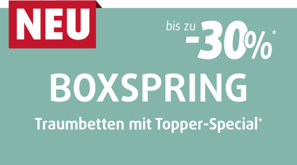 Mintgrüner Hintergrund mit rotem Banner „NEU“, große weiße Schrift: „Boxspring – Traumbetten mit Topper-Special – bis zu -30 %“