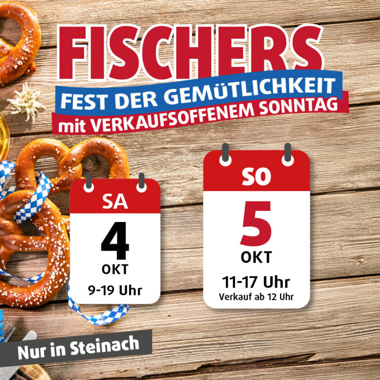 Mobile-Werbegrafik für „Fischers Fest der Gemütlichkeit“ mit verkaufsoffenem Sonntag am 4. und 5. Oktober in Steinach, Oktoberfest-Optik mit Brezeln, Edelweiß und Karotuch.