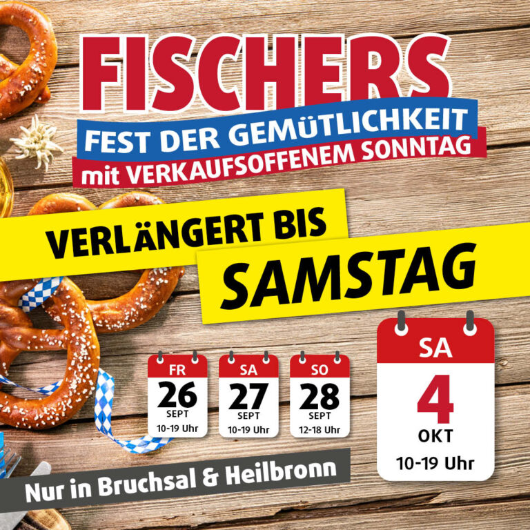 Polstermöbel Fischer Fest der Gemütlichkeit mit verkaufsoffenem Sonntag – Aktion verlängert bis Samstag 4. Oktober 2025, nur in Bruchsal und Heilbronn.