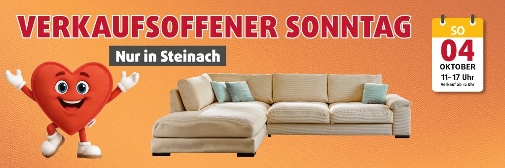 Verkaufsoffener Sonntag bei Polstermöbel Fischer Steinach am 4. Oktober mit modernem Ecksofa, geöffnet von 11 bis 17 Uhr