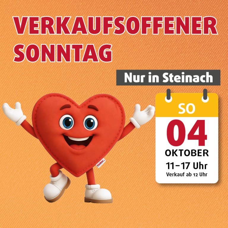 Verkaufsoffener Sonntag bei Polstermöbel Fischer Steinach am 4. Oktober von 11 bis 17 Uhr mit Fischer Herz-Maskottchen