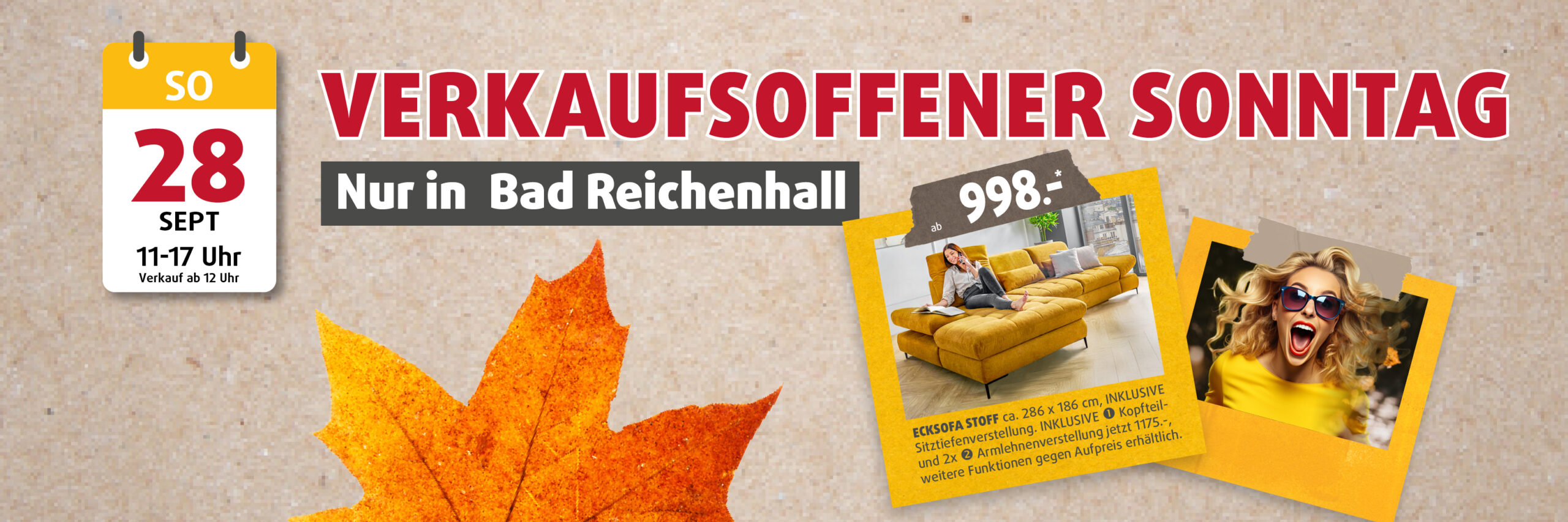 Werbegrafik zum verkaufsoffenen Sonntag am 28. September in der Filiale Bad Reichenhall, mit gelbem Kalendericon, roter Schrift, einem gelben Ecksofa mit Frau, Preis ab 998 €, und fröhlicher blondhaariger Frau mit Sonnenbrille.
