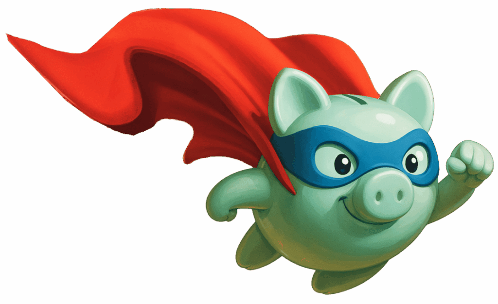 Grünes fliegendes Sparschwein mit rotem Cape und blauer Superheldenmaske – Maskottchen der Extremspartage von Polstermöbel Fischer