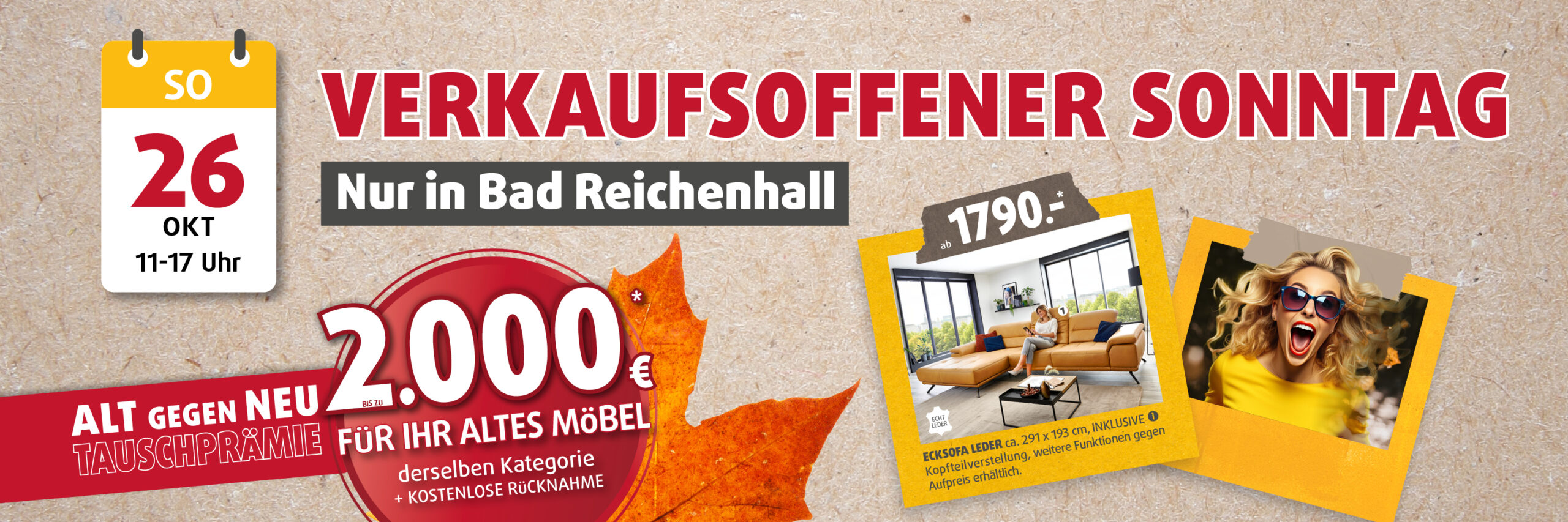Werbegrafik zum verkaufsoffenen Sonntag am 26. Oktober in Bad Reichenhall, Polstermöbel Fischer mit Tauschprämie bis zu 2.000 € und Sofaangebot in Echtleder.