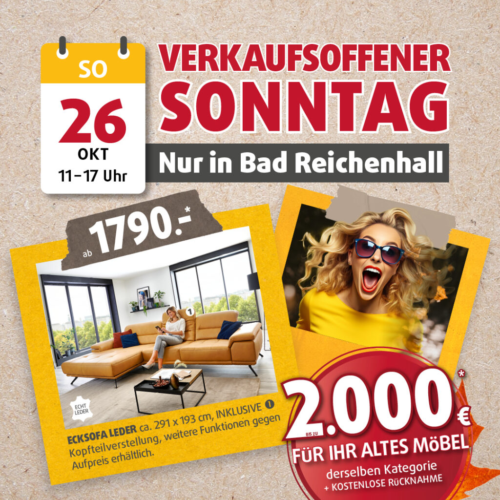 Mobile Aktionsgrafik zum verkaufsoffenen Sonntag am 26. Oktober bei Polstermöbel Fischer Bad Reichenhall mit 2.000 € Tauschprämie und Echtleder-Ecksofa-Angebot.