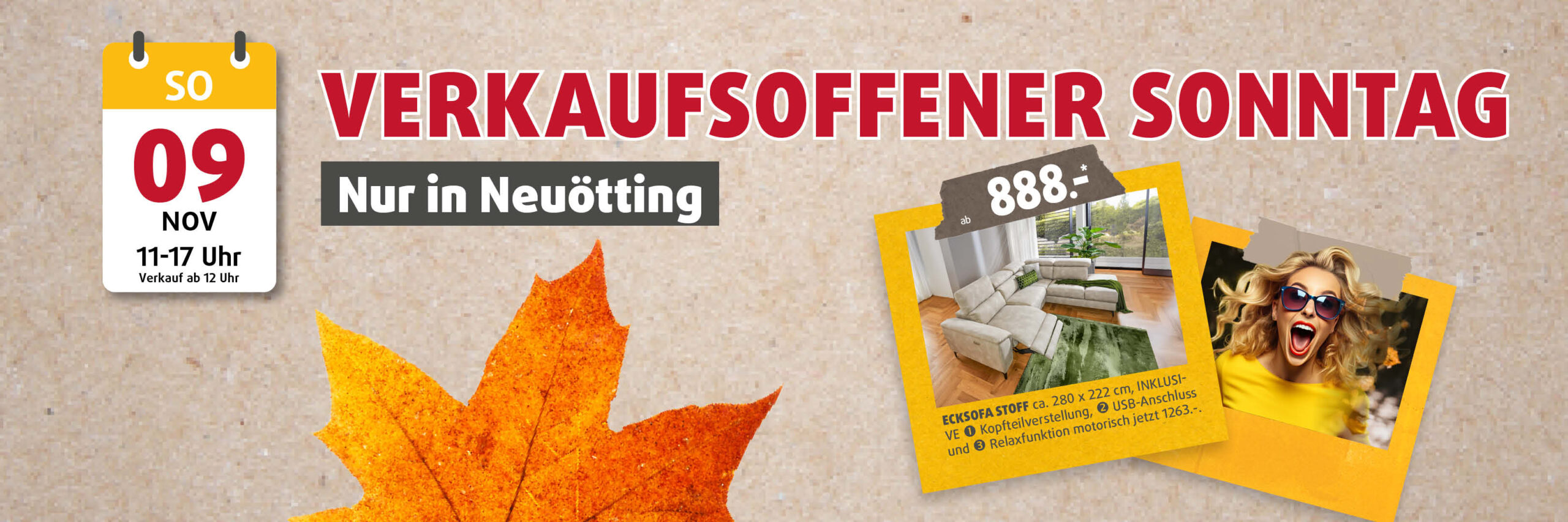 Verkaufsoffener Sonntag am 9. November bei Polstermöbel Fischer in Neuötting – Sofa-Angebot ab 888 €, herbstliche Aktionsgrafik mit Kalender und Wohnbeispiel.