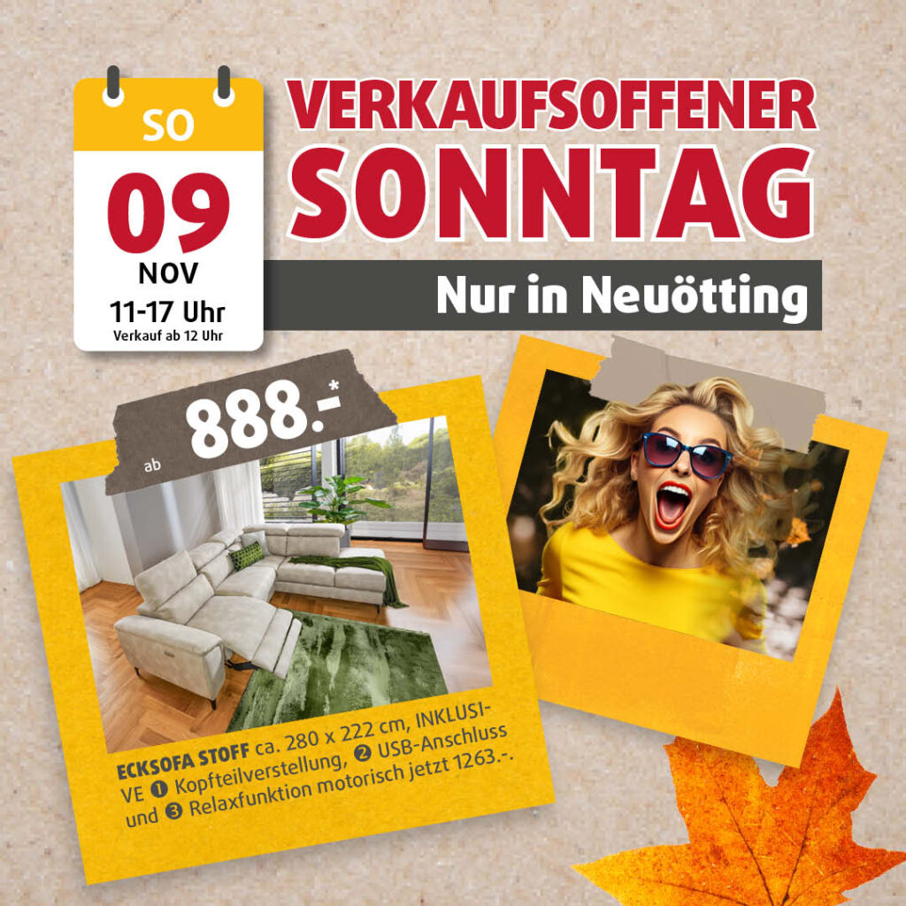Verkaufsoffener Sonntag am 9. November bei Polstermöbel Fischer in Neuötting – Sofa-Angebot ab 888 €, herbstliche Aktionsgrafik mit Kalender und Wohnbeispiel.