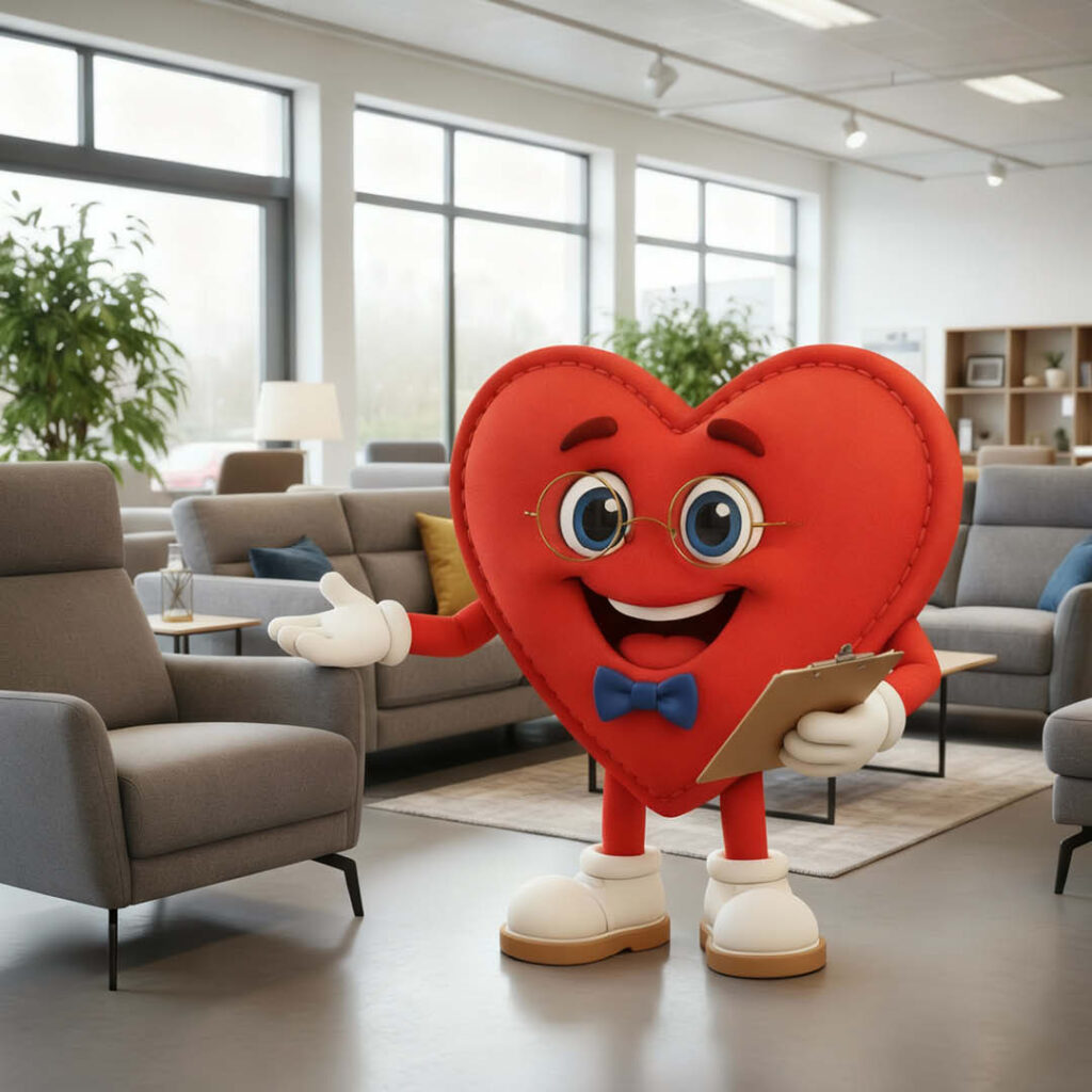 Herz-Maskottchen von Polstermöbel Fischer begrüßt Besucher in moderner Sofa-Ausstellung – gemütliche Wohnlandschaften und kompetenter Ansprechpartner.