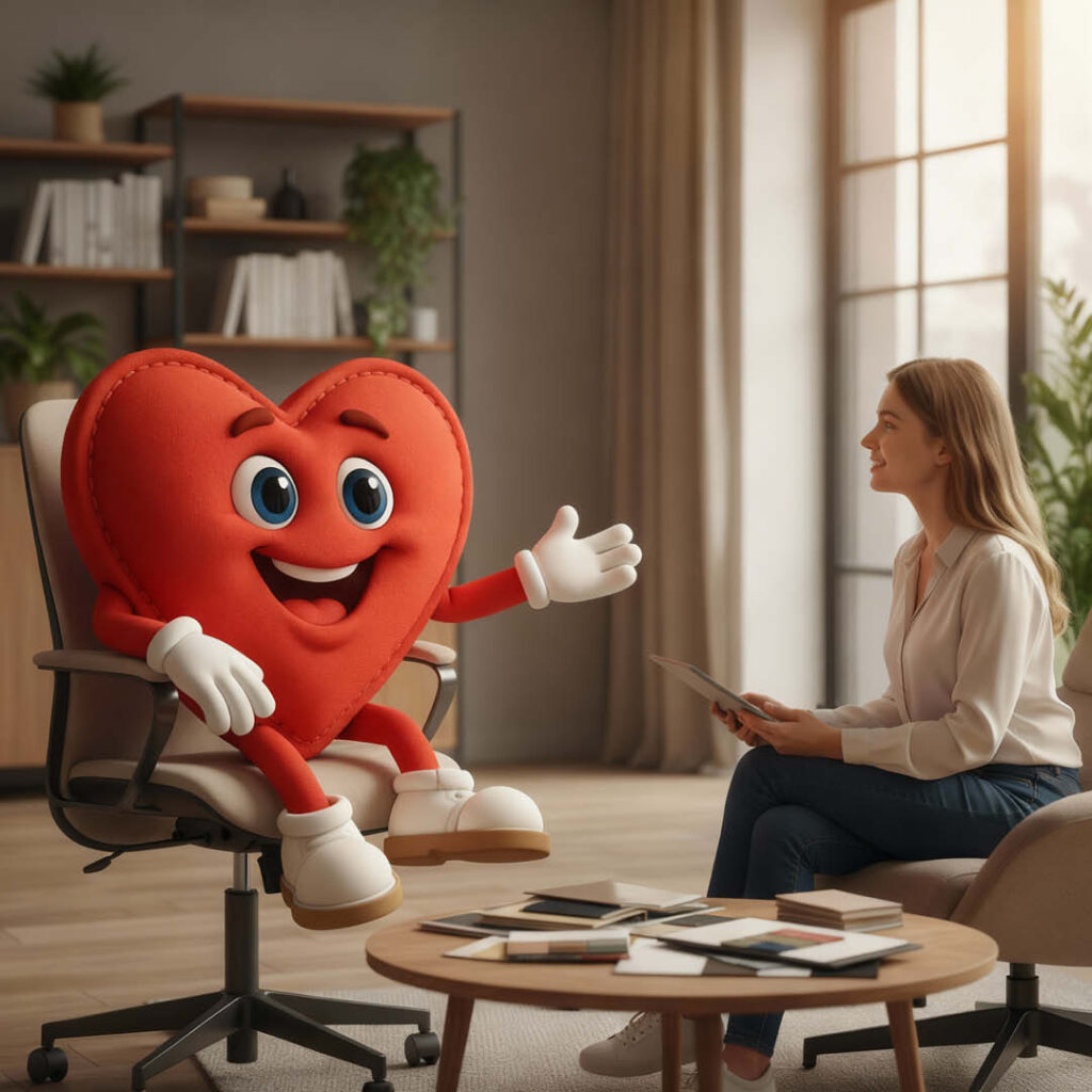 Herz-Maskottchen von Polstermöbel Fischer im Beratungsgespräch mit Kundin – individuelle Einrichtungstipps und Stoffauswahl in wohnlicher Atmosphäre.