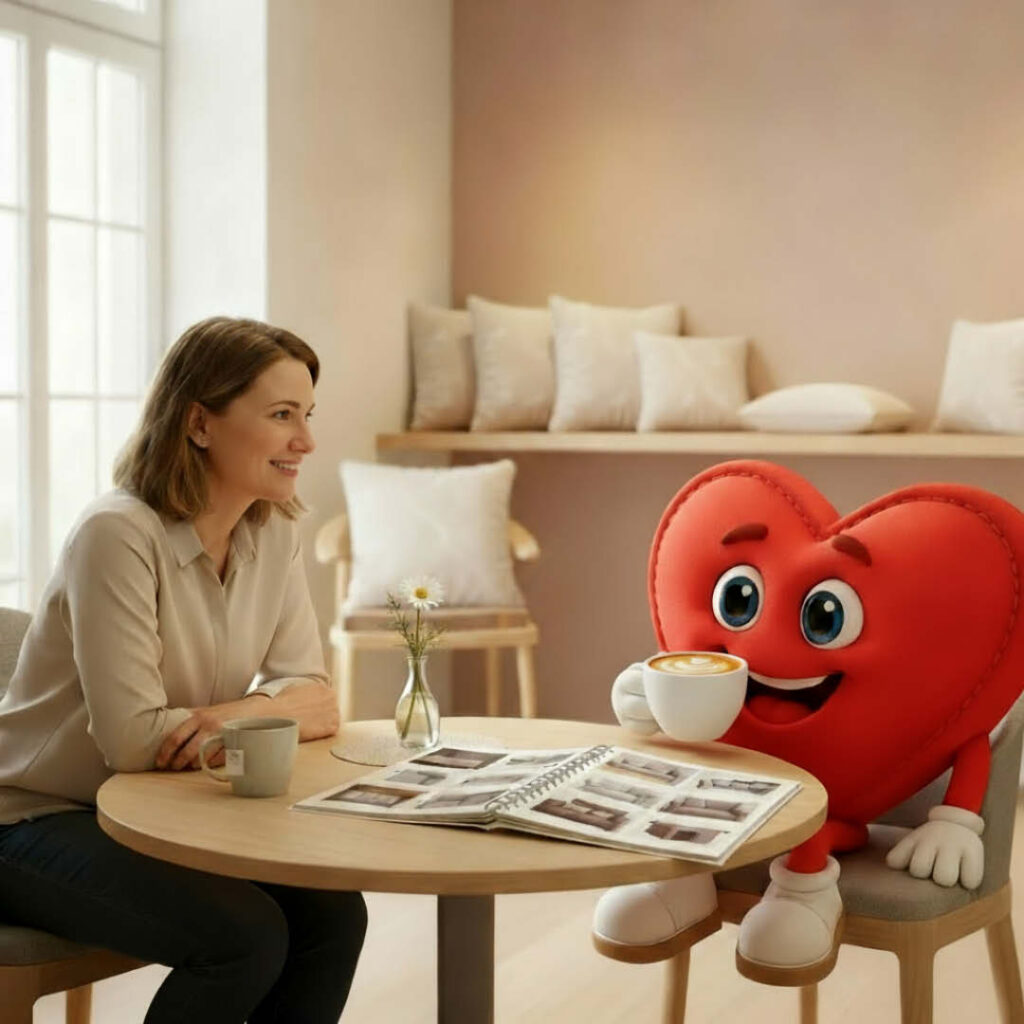 Sympathisches Herz-Maskottchen von Polstermöbel Fischer im Gespräch mit Kundin – persönliche Beratung bei der Wohnraumgestaltung mit Möbelkatalog - entspannte Atmosphäre.