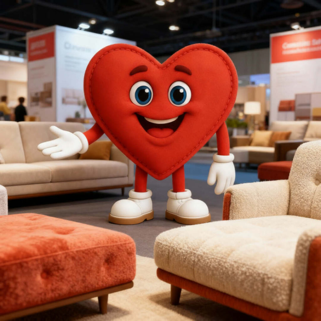 Herz-Maskottchen von Polstermöbel Fischer steht im Geschäft und beantwortet Fragen – Vorstellung aktueller Sofa- und Polstertrends in moderner Ausstellung