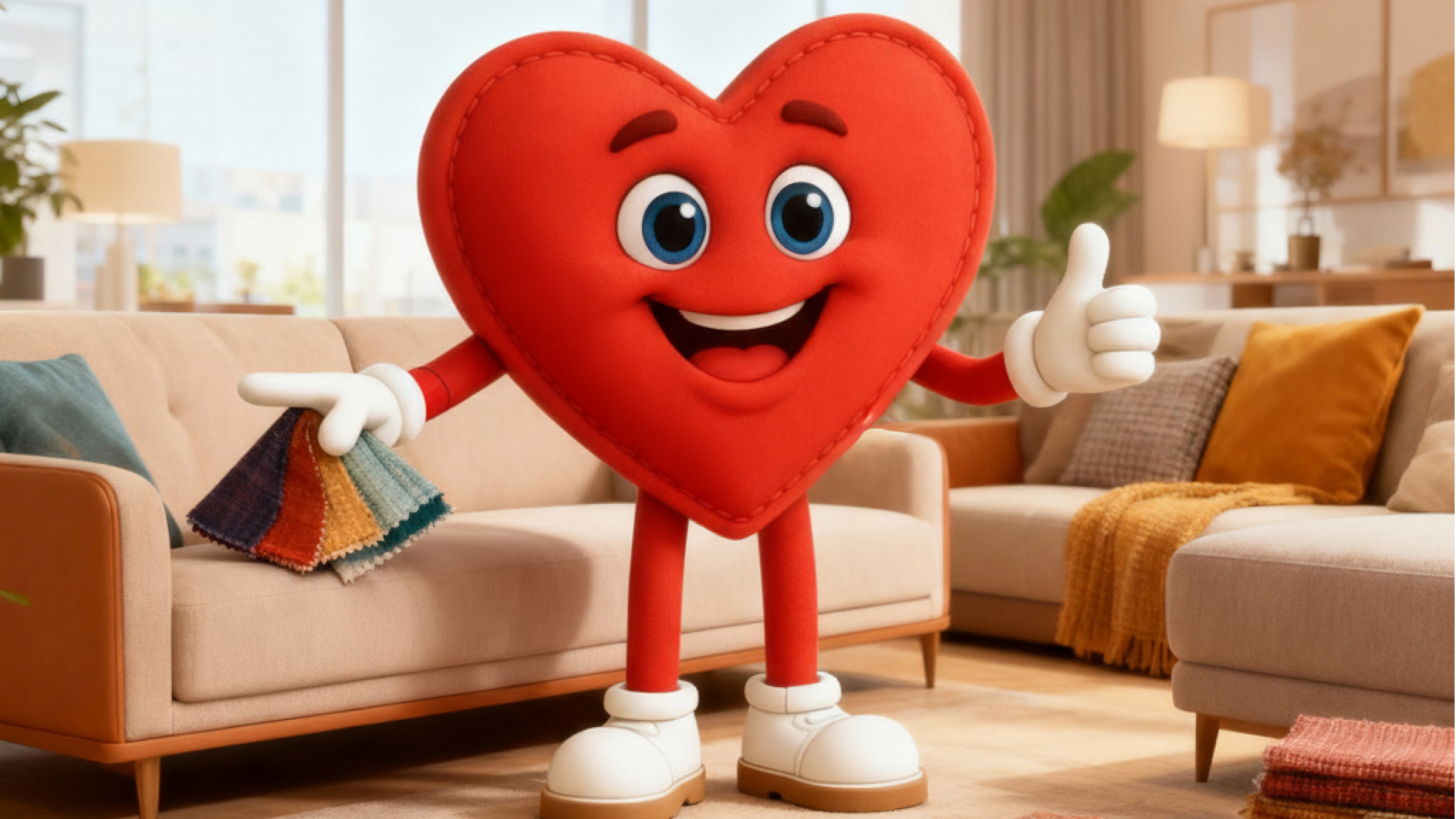 Rotes Herz-Maskottchen von Polstermöbel Fischer in modernem Wohnzimmer zeigt Stoffmuster und Farbproben für Sofas – persönliche Beratung und individuelle Auswahl im Einrichtungshaus.