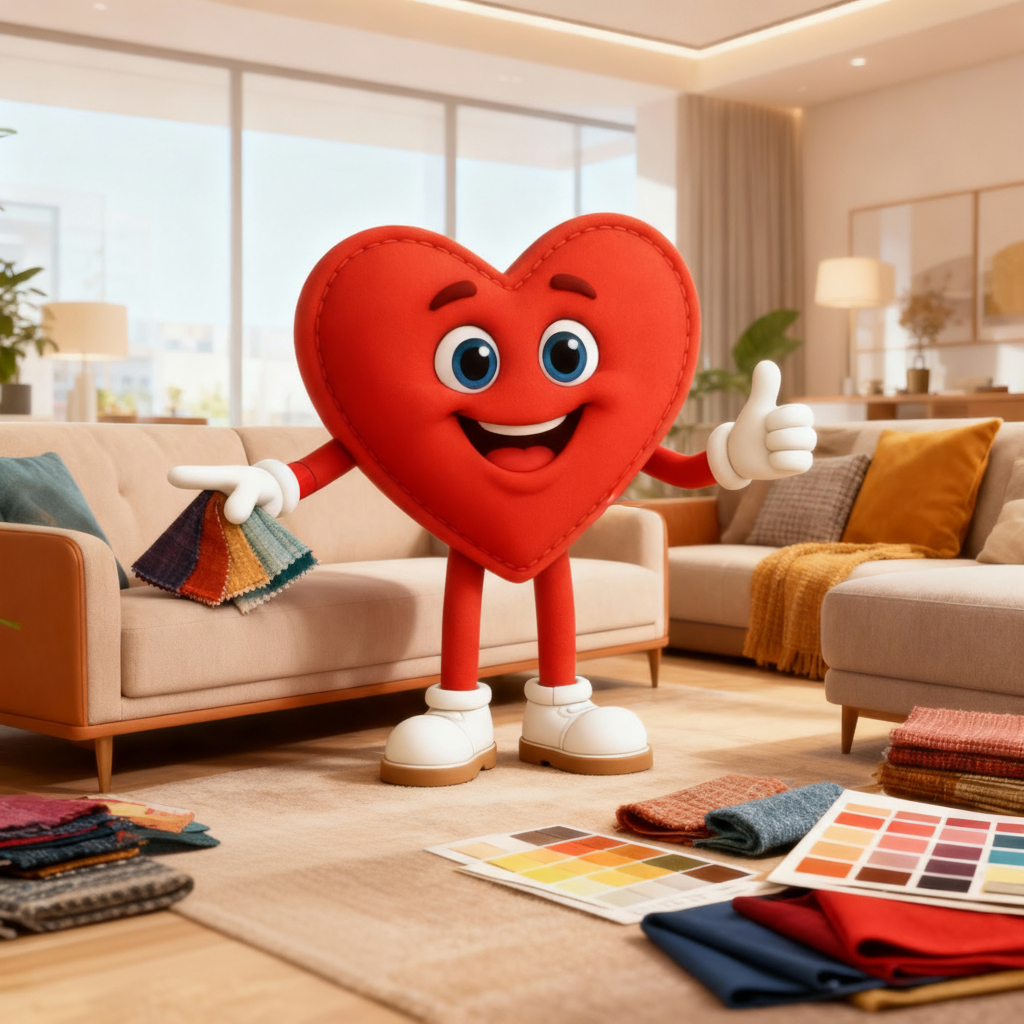 Rotes Herz-Maskottchen von Polstermöbel Fischer in modernem Wohnzimmer zeigt Stoffmuster und Farbproben für Sofas – persönliche Beratung und individuelle Auswahl im Einrichtungshaus.