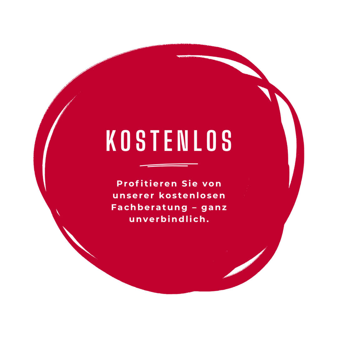 Grafik mit rotem Kreis und Text Kostenlos – Profitieren Sie von unserer kostenlosen Fachberatung – ganz unverbindlich von Polstermöbel Fischer.