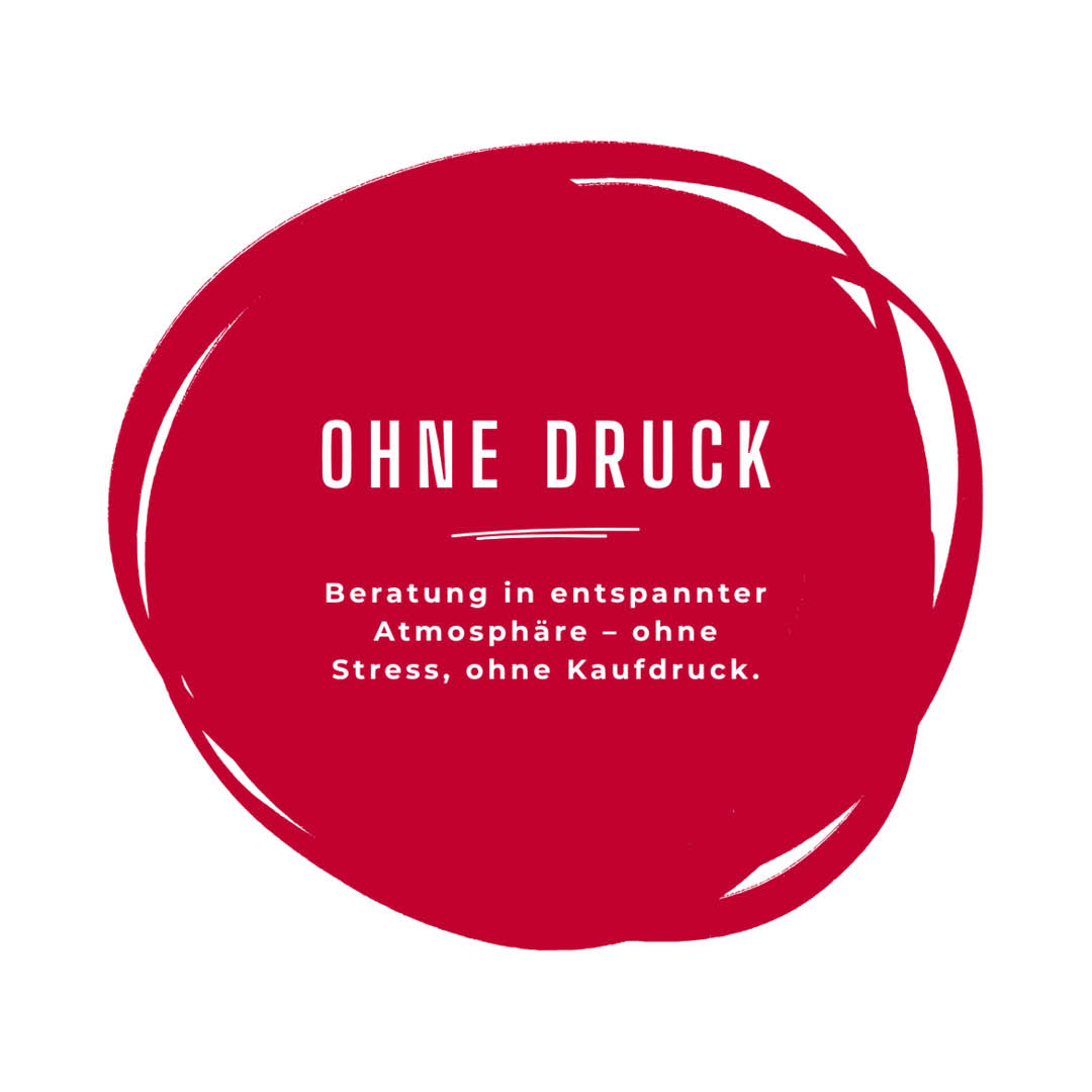 Grafik mit rotem Kreis und Text Ohne Druck – Beratung in entspannter Atmosphäre ohne Stress und Kaufdruck von Polstermöbel Fischer.