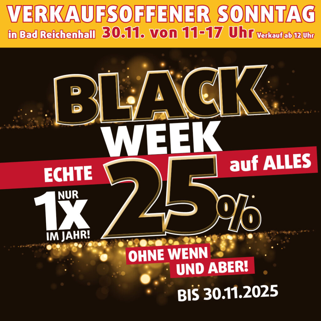 Black-Week-Grafik von Polstermöbel Fischer mit Hinweis auf verkaufsoffenen Sonntag in Bad Reichenhall am 30.11., 25-Prozent-Rabatt auf alles und Aktionszeitraum bis 29.11.2025.