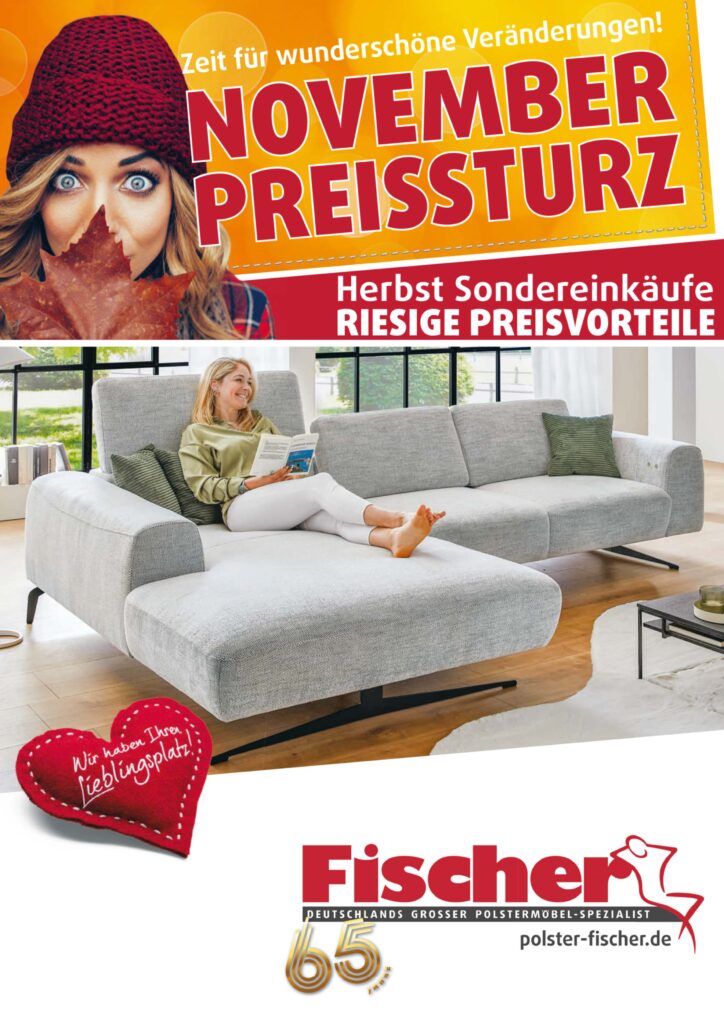 Werbegrafik von Polstermöbel Fischer zum „November Preissturz“ mit großem roten Schriftzug und herbstlicher Gestaltung, darunter eine Frau, die entspannt auf einem grauen Sofa liest. Text: „Herbst Sondereinkäufe – riesige Preisvorteile“. Unten das Fischer-Logo mit rotem Herz und dem Slogan „Wir haben Ihren Lieblingsplatz!“.