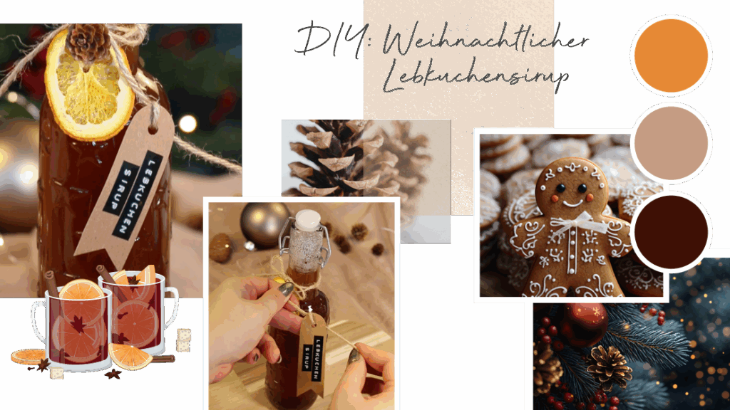 DIY-Collage für weihnachtlichen Lebkuchensirup mit dekorativ verpackter Glasflasche, Orangen­scheiben, Tannenzapfen, Lebkuchenmann und warmen Brauntönen – kreative Geschenkidee und Rezeptinspiration für die sinnliche Weihnachtszeit.