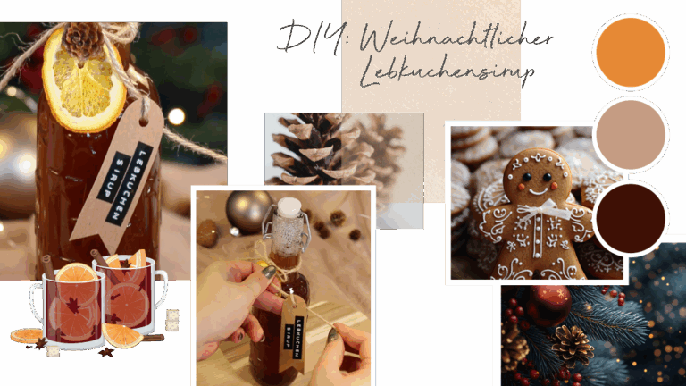 DIY-Collage für weihnachtlichen Lebkuchensirup mit dekorativ verpackter Glasflasche, Orangen­scheiben, Tannenzapfen, Lebkuchenmann und warmen Brauntönen – kreative Geschenkidee und Rezeptinspiration für die sinnliche Weihnachtszeit.