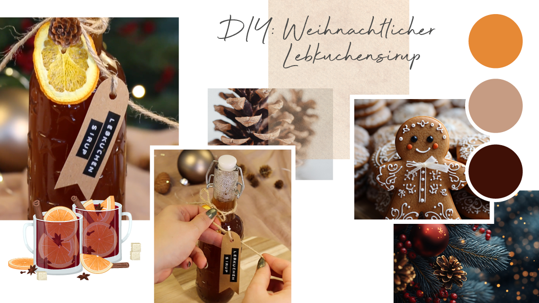 DIY-Collage für weihnachtlichen Lebkuchensirup mit dekorativ verpackter Glasflasche, Orangen­scheiben, Tannenzapfen, Lebkuchenmann und warmen Brauntönen – kreative Geschenkidee und Rezeptinspiration für die sinnliche Weihnachtszeit.