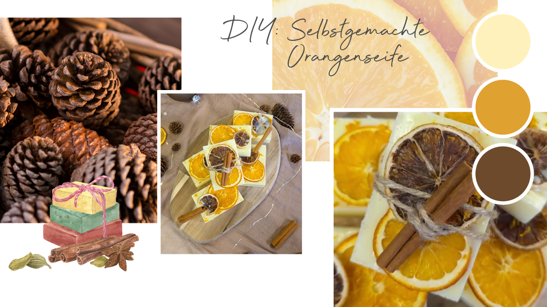 DIY selbstgemachte Orangenseife: Naturseife mit getrockneten Orangenscheiben, Zimtstangen und Tannenzapfen als weihnachtliche Geschenkidee.
